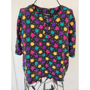 Vintage Boxy 90s 80s Size 8 Petite Top Shirt M Womens Blouse Black Polka Dot